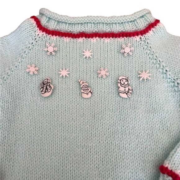 Handmade Knit Christmas Winter Sweater Snowflakes and Snowmen Charms Light Blue - Picture 3 of 10